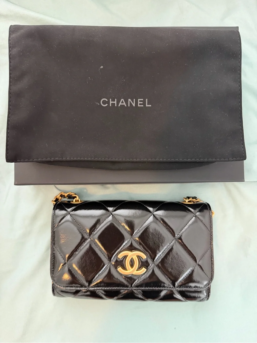 CHANEL Black Quilted Patent Leather Mini Flap with Gold Hardware